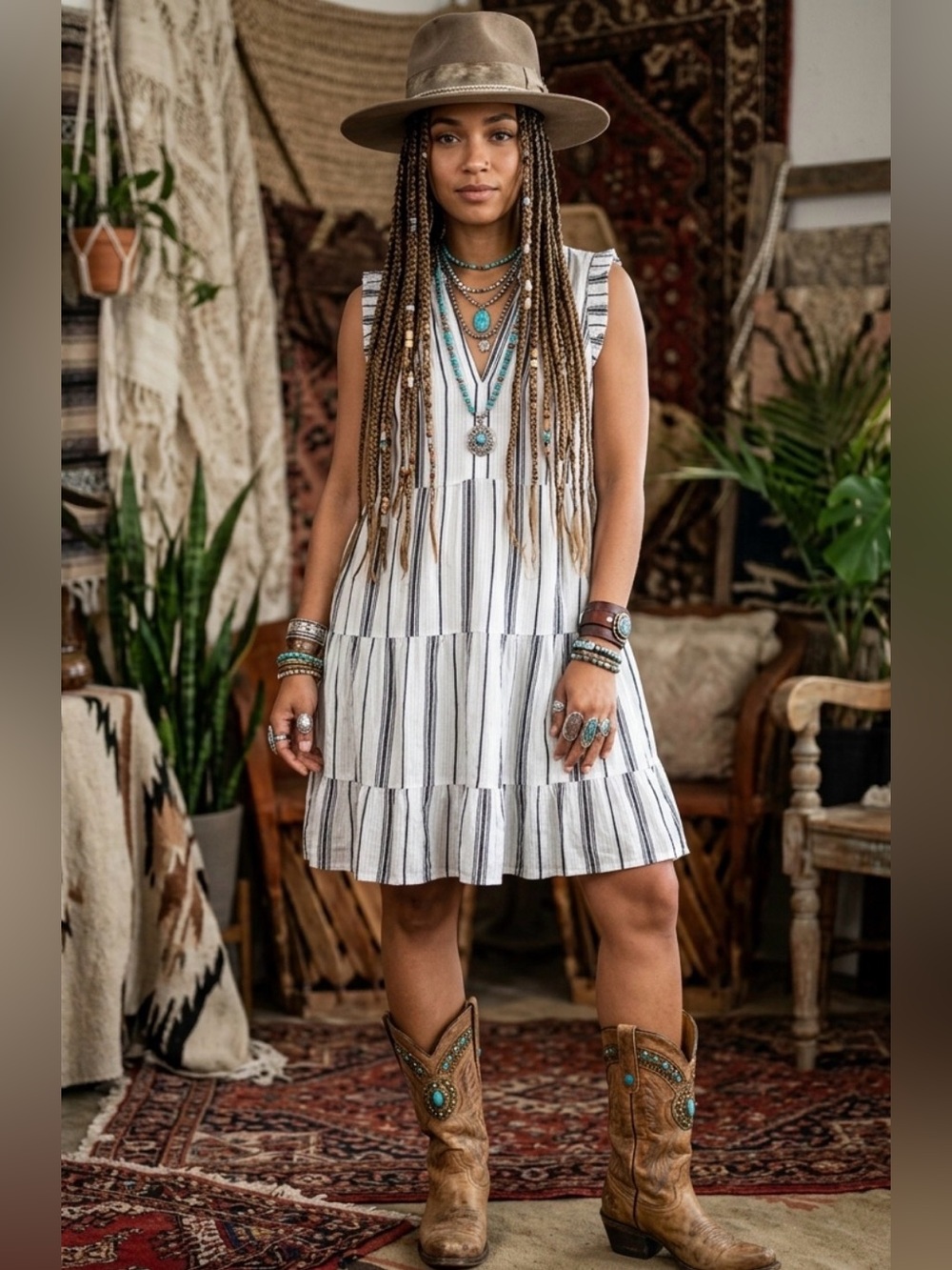 Miami Striped Midi Dress - Cream and Black